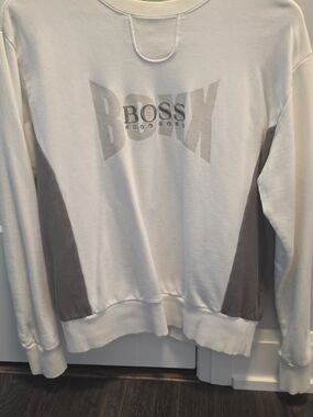 BOSS Hugo Boss White and Gray Panel Logo Crewneck Sweatshirt